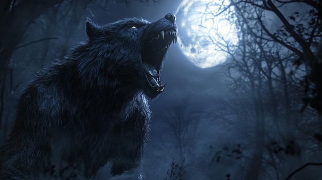 A Ferocious Wolf Howling at the Moon in a Dark Forest