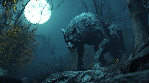 A Ferocious Wolf Prowls Under a Full Moon in a Dark Forest