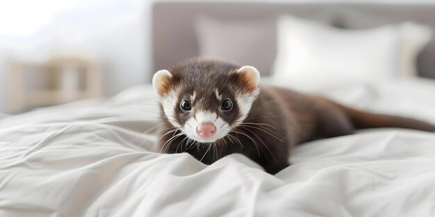 Ferret lounging on a bed in a contemporary living space Concept Home Decor Relaxation Pet Photography Modern Interior Animal Portrait