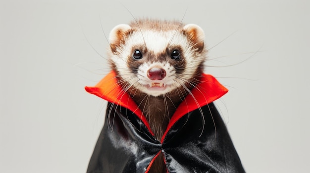 Photo a ferret wearing a black and red cape looks like a vampire for halloween