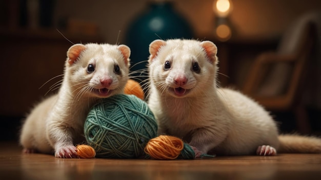 Ferrets Playing with a Ball of Yarn