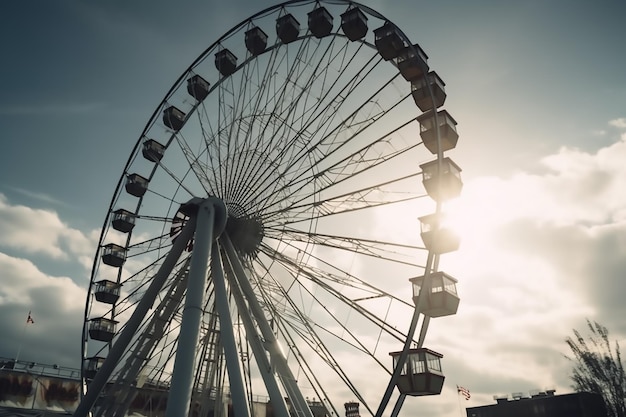 A ferris wheel in the evening with the sun behind it