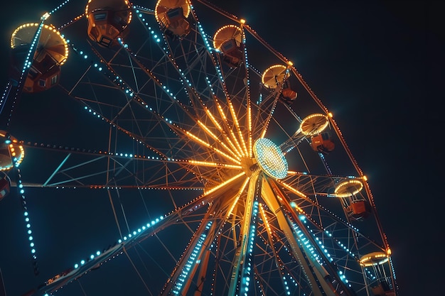 Ferris wheel ride shining in the dark in an amusement park fairground rides on outdoor area entertainment activities Generative AI