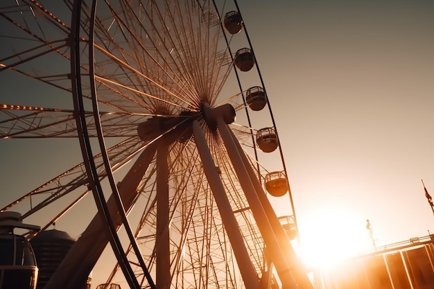 A ferris wheel in the sunset