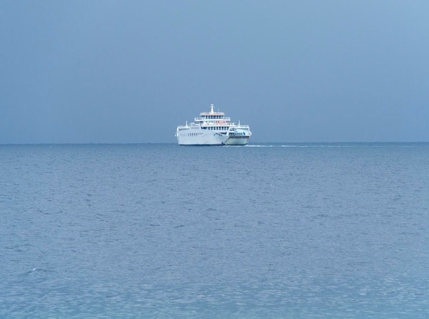 Ferryboat on island Evia (Euboea), Greece on a cloudy day in Aegean Sea