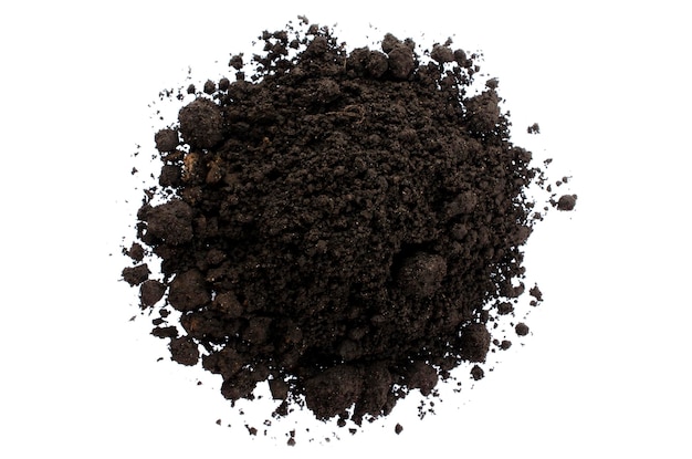 Fertilized wet dirty soil isolated on white background top view Heap of fertile soil isolated on white background top view Pile of soil on white top view