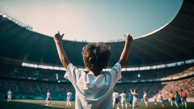 Fervent children football aficionado arms raised high in euphoria Generative AI