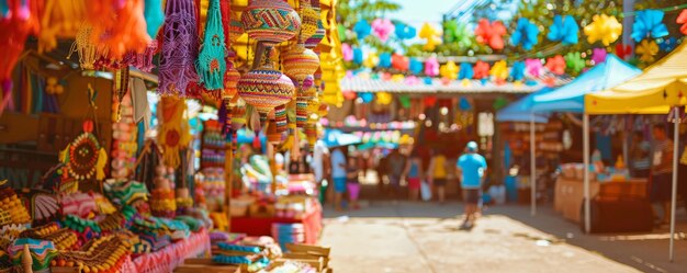 Festa Junina background showcasing a vibrant market stall selling traditional Brazilian crafts