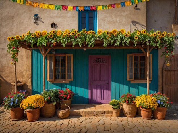 Festa junina background with houses and sunflowers