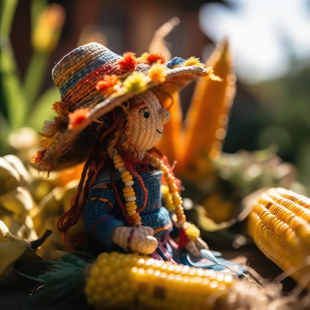 Festa junina celebration with wooden handmade doll sao joao brazilian party decorated with corn and garland generative ai illustration