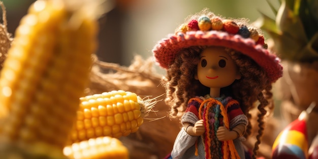 Festa junina celebration with wooden handmade doll sao joao brazilian party decorated with corn and garland generative ai illustration