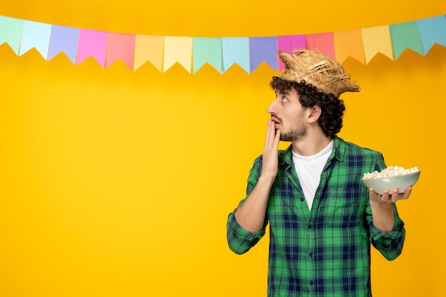 Festa junina young cute guy in straw hat and colorful flags brazilian festival dreaming