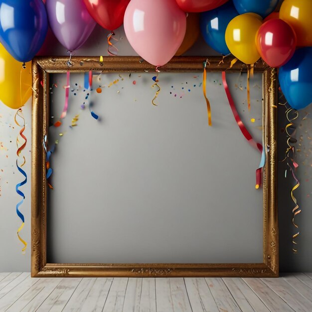 Festival carnival or birthday party frame with balloons streamers and confetti