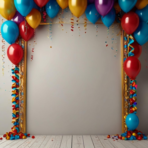 Festival carnival or birthday party frame with balloons streamers and confetti