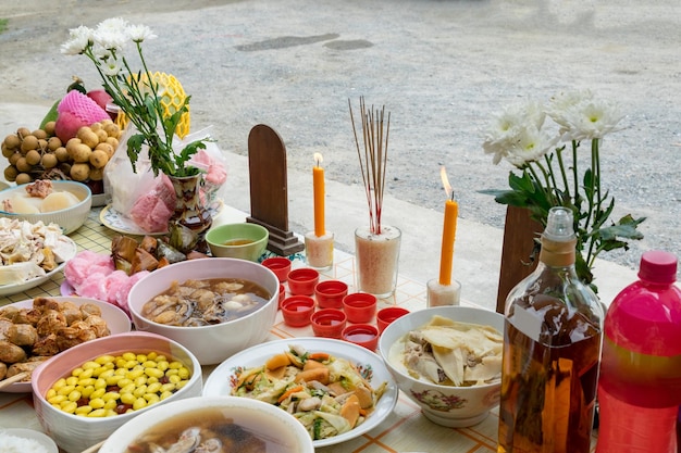 Festival celebration thaichinese to worship ancestors with variety food