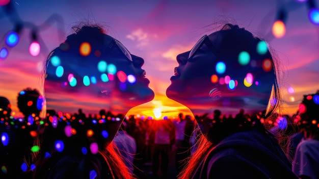 Photo festival crowd at sunset with neon lights