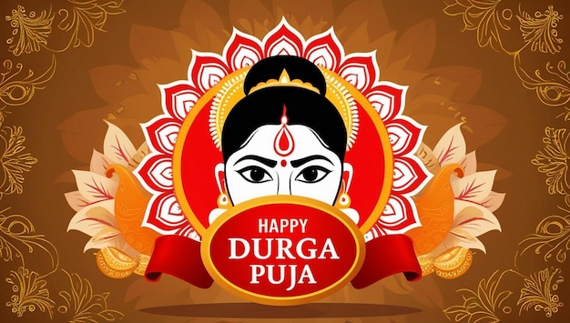 Photo festival design with durga puja festive background and the typography is happy durga puja