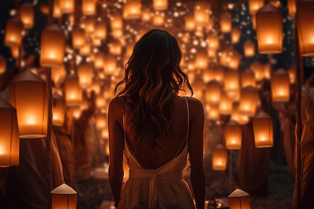 Festival of Lanterns Woman Basks in Glow Celebrating Inner Beauty