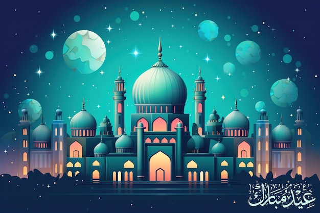 Festival and Religion Islamic Muslim Eid Mubarak illustration Background With Mosque and Lantern