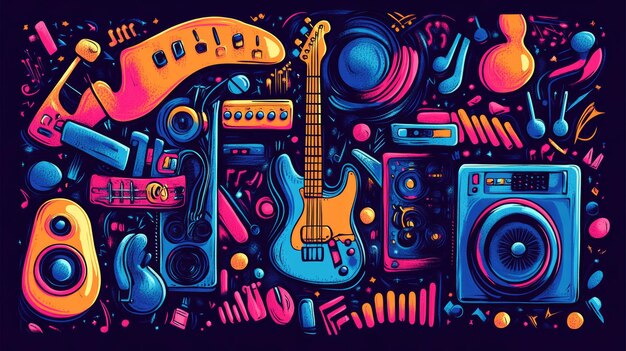 Photo festival vibes energetic illustration of instruments and speakers with bold colors and psychedelic patterns