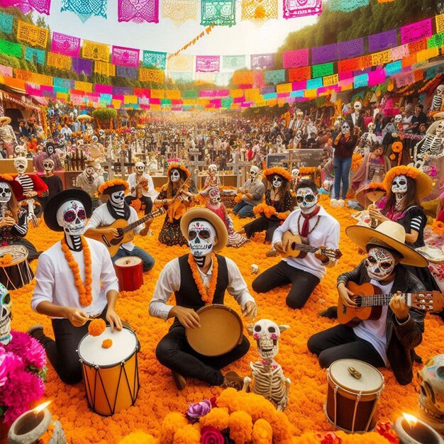 a festival with a bunch of skulls and a band with the words  death  on the wall