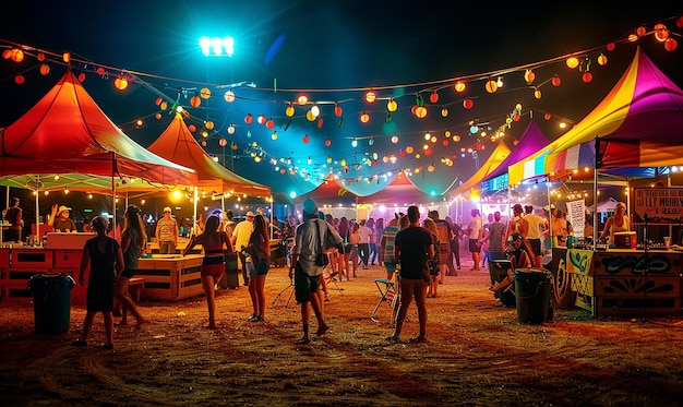 a festival with colorful lights and people in the background