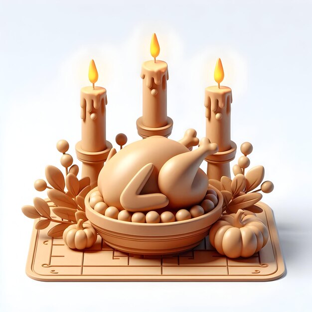 A festive 3D flat icon of a Thanksgiving table with a turkey and candles perfect for warm holiday v