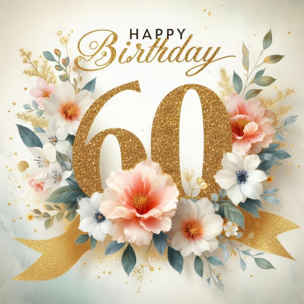 Photo festive 60th birthday celebration design with flowers and shimmering gold numbers