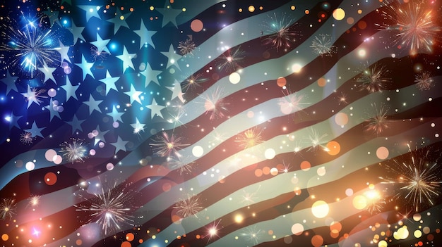 Festive American Flag with Fireworks and Bokeh Lights This image showcases a vibrant American