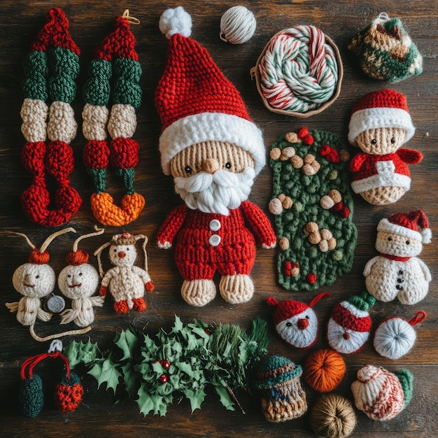 A festive arrangement of crocheted holiday decorations and characters