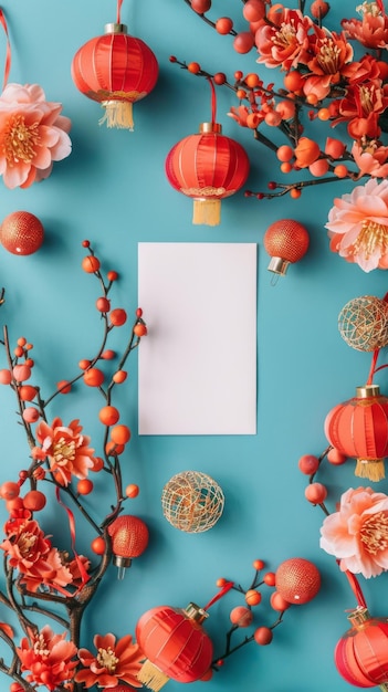 Photo a festive arrangement featuring chinese new year decorations and a blank white card on a blue backgr