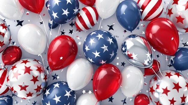 A festive array of red white and blue balloons adorned with stars and stripes celebrates the spirit of Presidents Day