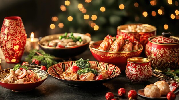 Festive Asian Cuisine Table with Traditional Dishes and Dim Sum for Holiday Celebration