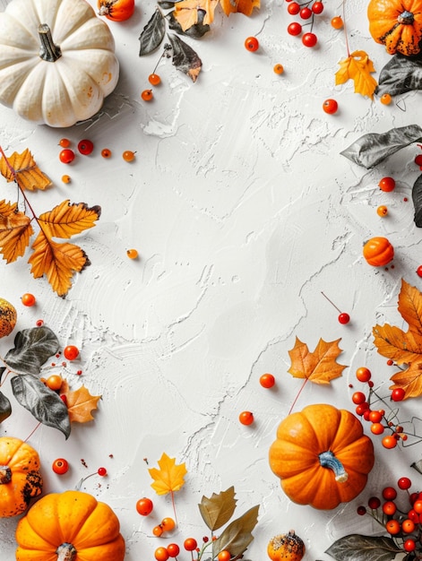 Festive autumn arrangement of pumpkins berries and foliage on a white background