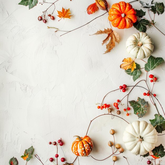 Festive autumn arrangement of pumpkins berries and foliage on a white background