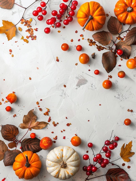 Festive autumn arrangement of pumpkins berries and foliage on a white background