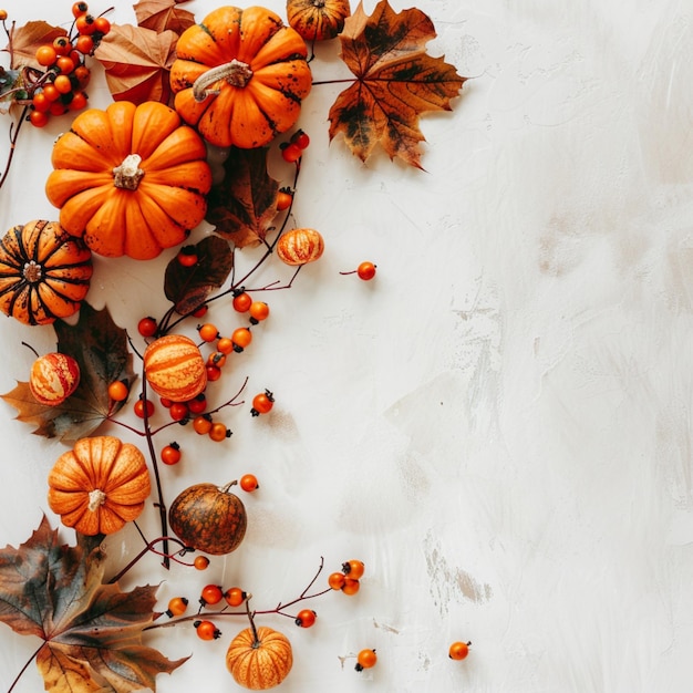 Festive autumn arrangement of pumpkins berries and foliage on a white background