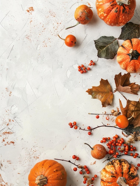 Festive autumn arrangement of pumpkins berries and foliage on a white background