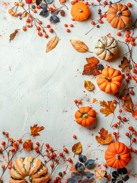 Festive autumn arrangement of pumpkins berries and foliage on a white background