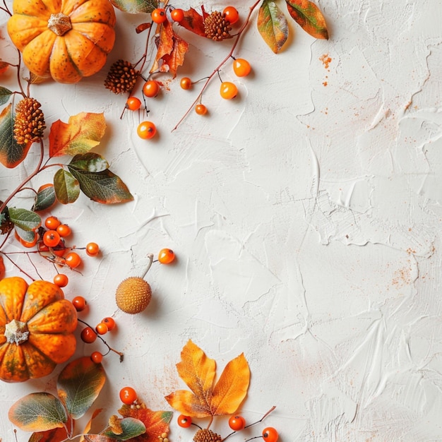 Festive autumn arrangement of pumpkins berries and foliage on a white background