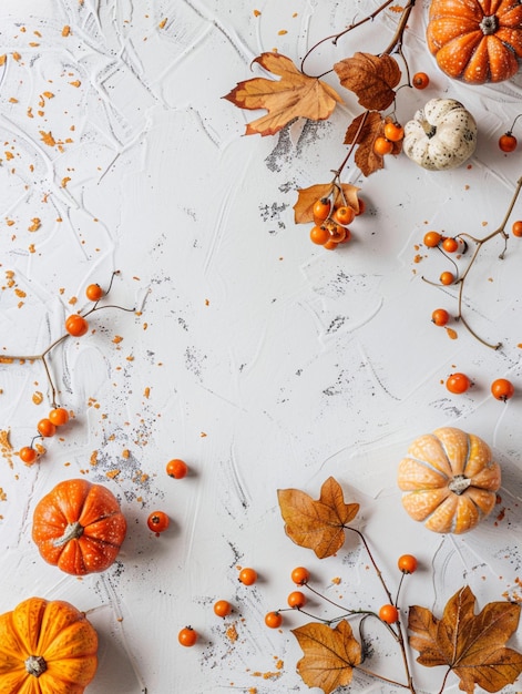 Festive autumn arrangement of pumpkins berries and foliage on a white background