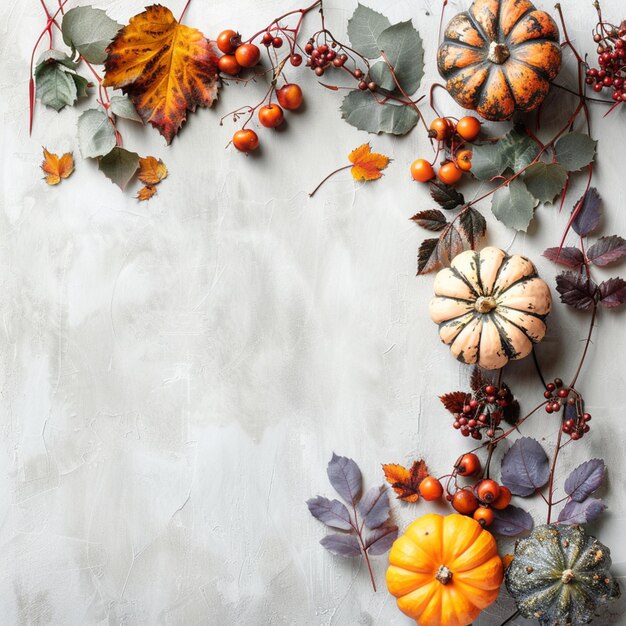 Festive autumn arrangement of pumpkins berries and foliage on a white background