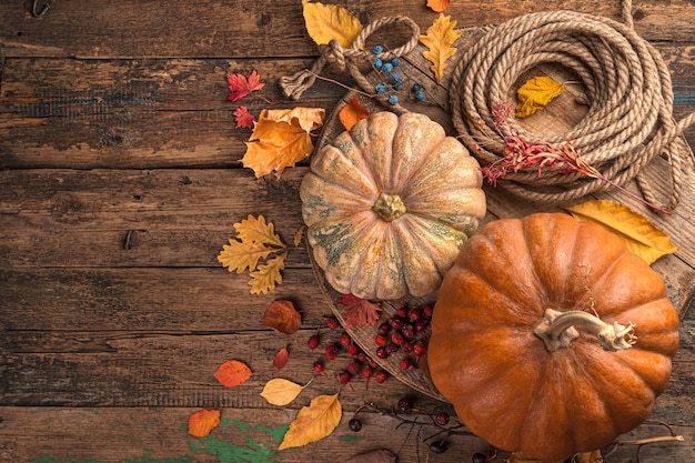 Festive autumn background of pumpkins berries and foliage on a brown wooden background