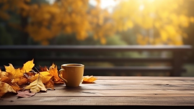 Festive autumn decoration with coffee cup maple leaves on wooden vintage table and blurred garden