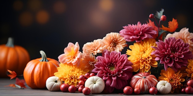 Festive autumn decoration with pumpkins flowers and fall leaves Thanksgiving day or Halloween banner concept