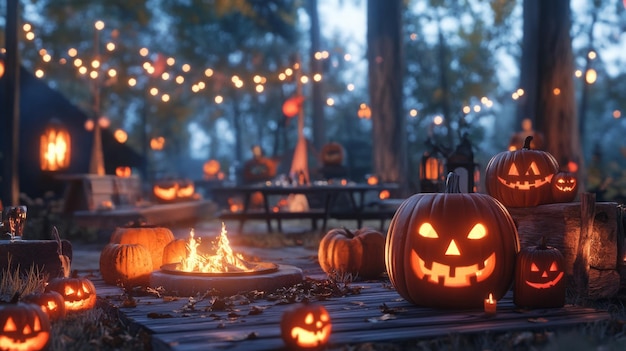 Festive autumn gathering with glowing pumpkins and cozy fire in decorated forest setting