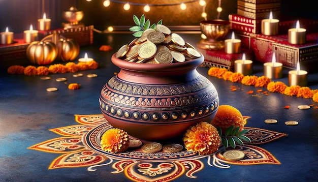 A festive background for Akshaya Tritiya featuring a traditional clay pot overflowing with shiny go