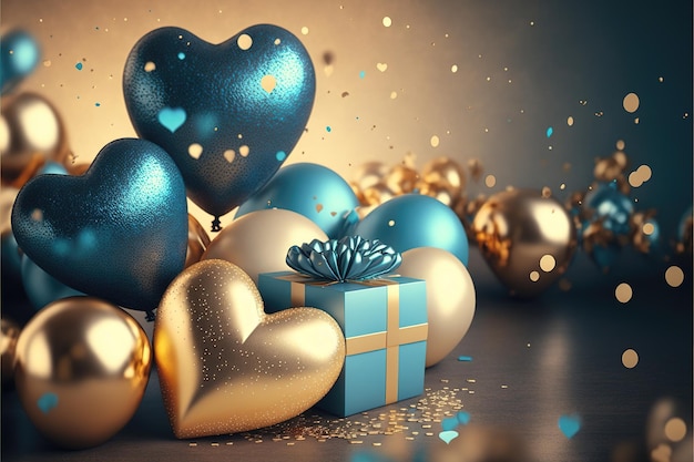 Festive background with blue gold balloons and gifts for New Year or Valentine's Day or any other holiday Ai generated