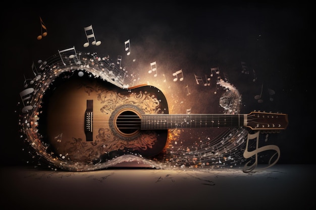 Festive background with guitar and musical notes Illustration AI Generative