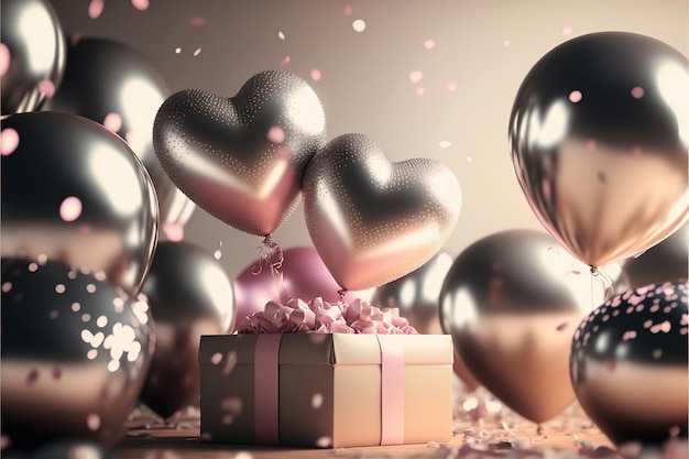 Festive background with metallic green and silver balloons and gifts for New Year or Valentine's Day or any other holiday